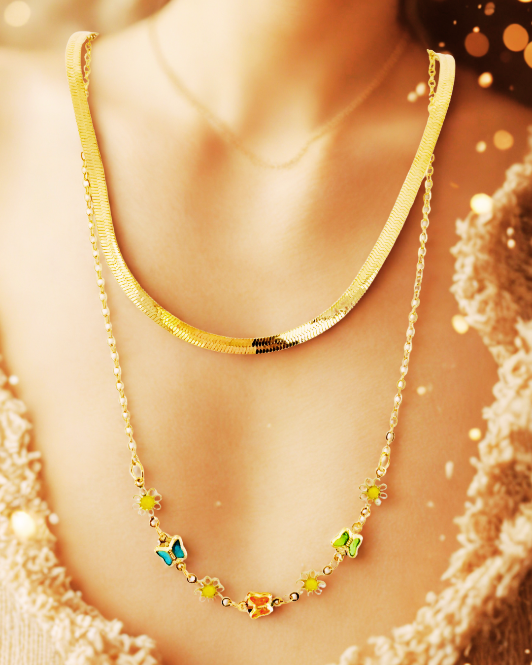 Dual Layer Gold-Tone Enamel Clover Necklace