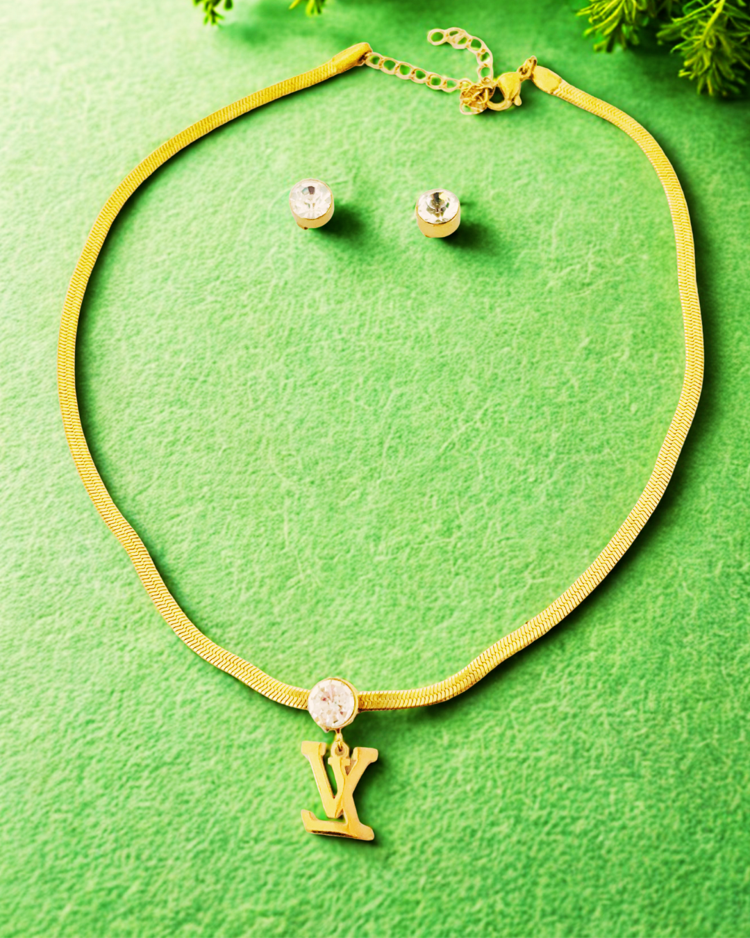 Crystal Initial Pendant Necklace & Stud Korean Set