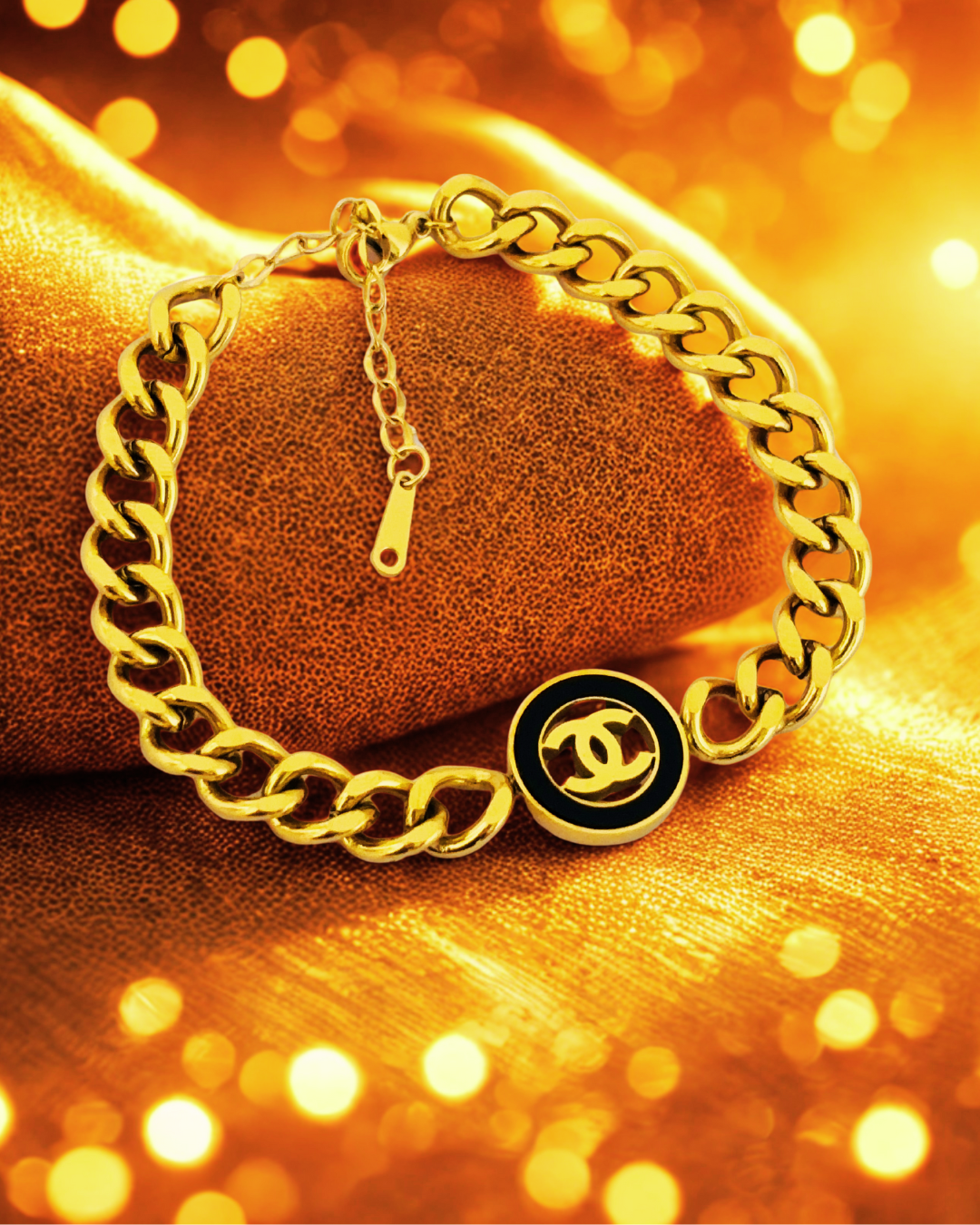 Gold-Plated Chain Link Korean Bracelet with Black Emblem
