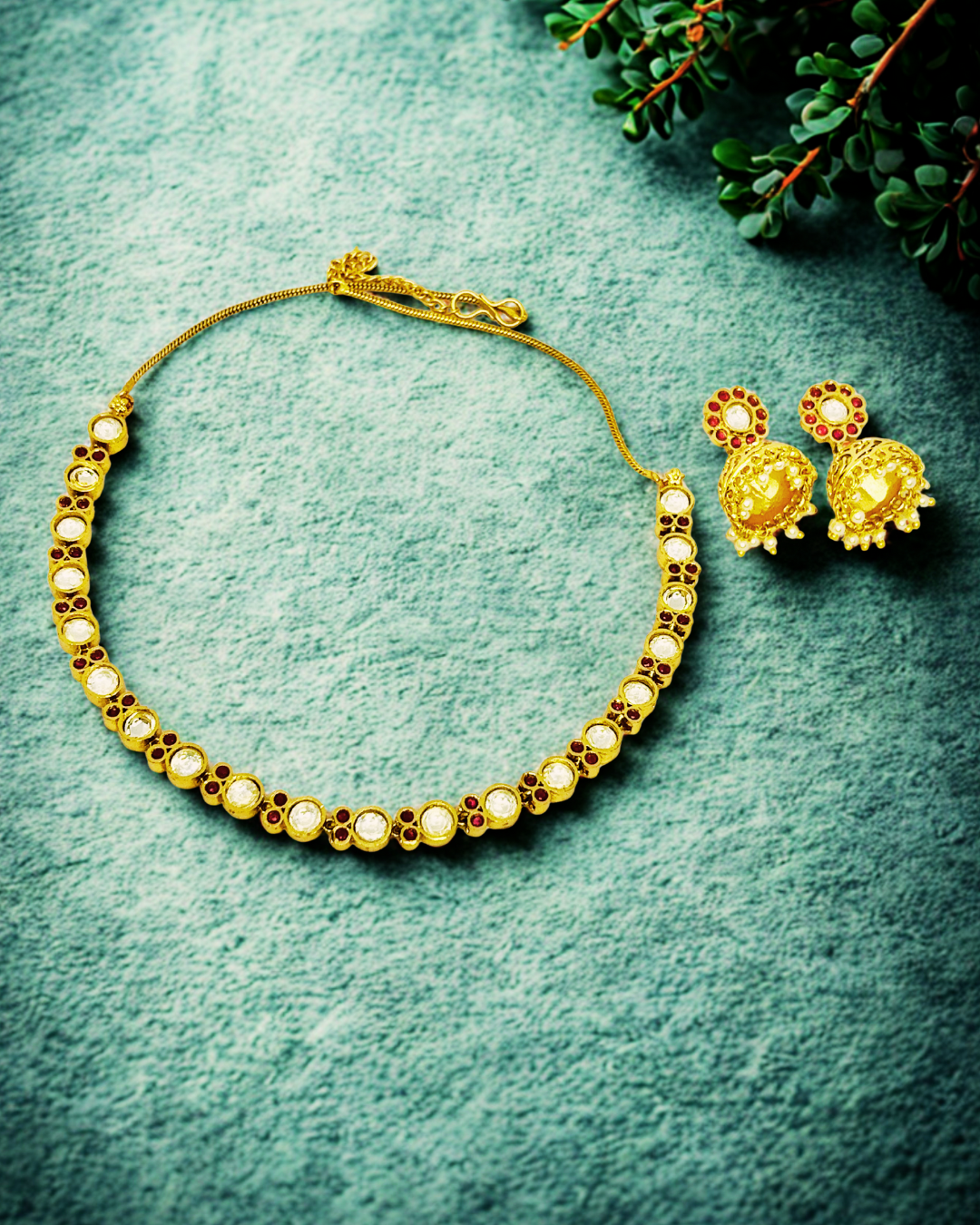 Ruby Blossom Kundan Jhumka Set