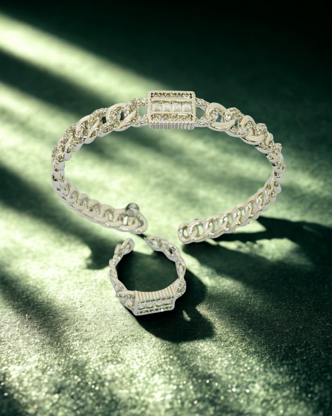 Floral Sparkle CZ Bangle-Ring Set