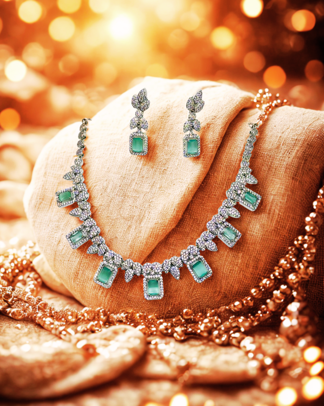 Emerald-Cut AD Stone Necklace Set with Earrings.