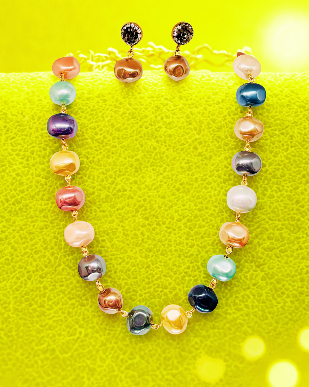 Rainbow Baroque Pearl Necklace Set with Earrings.