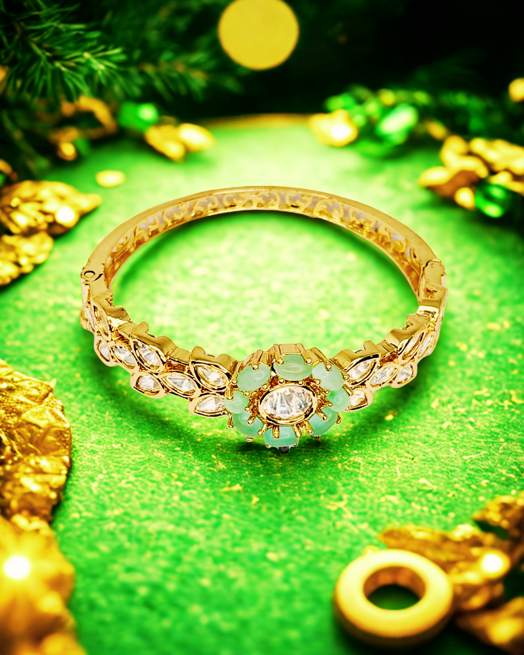 Mint Green Floral Kundan Kada