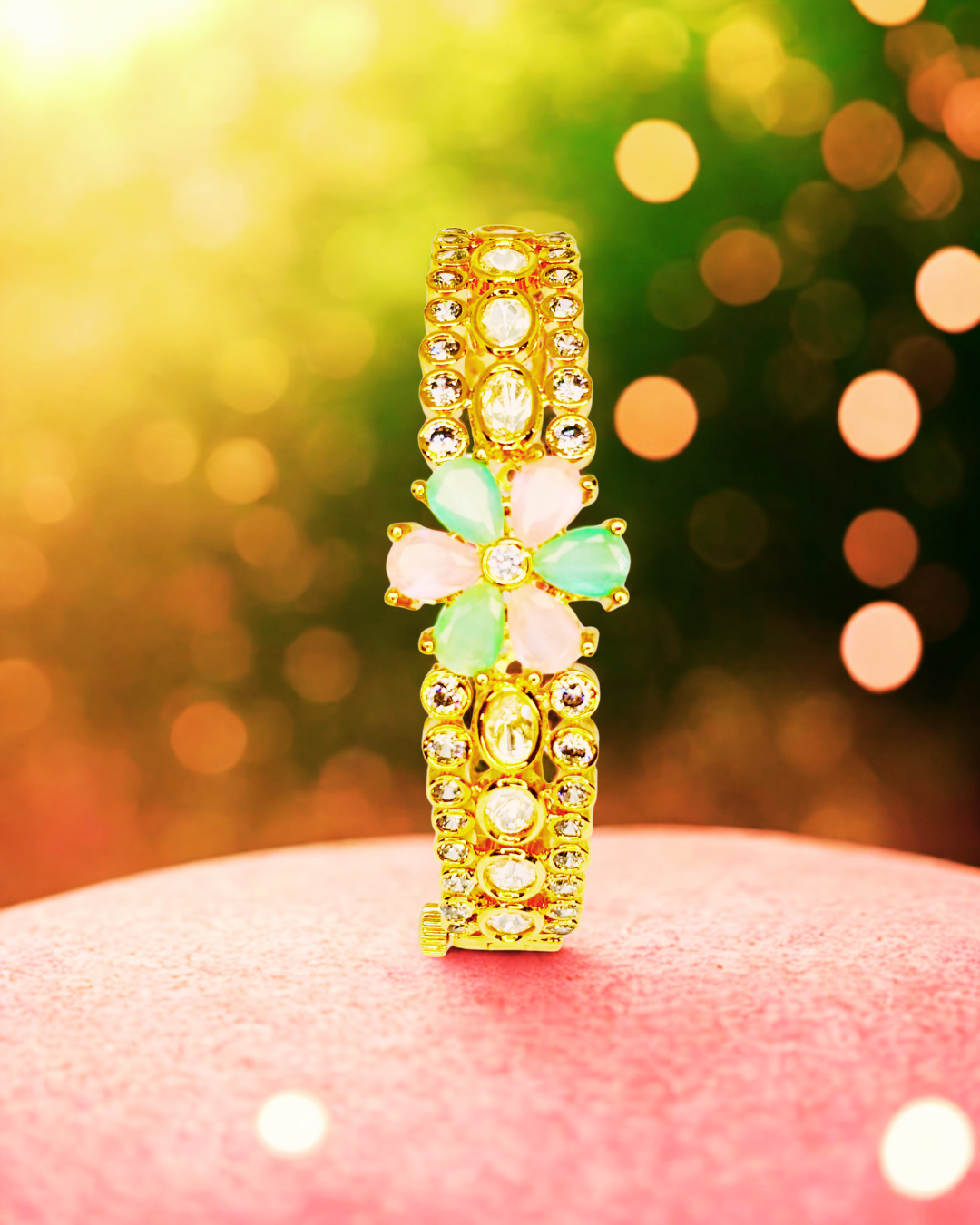 Floral Stone-Studded Gold Kada