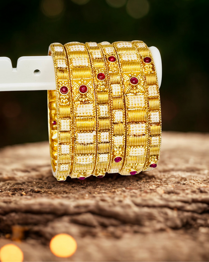 Traditional Gold Bangles with Ruby Accents