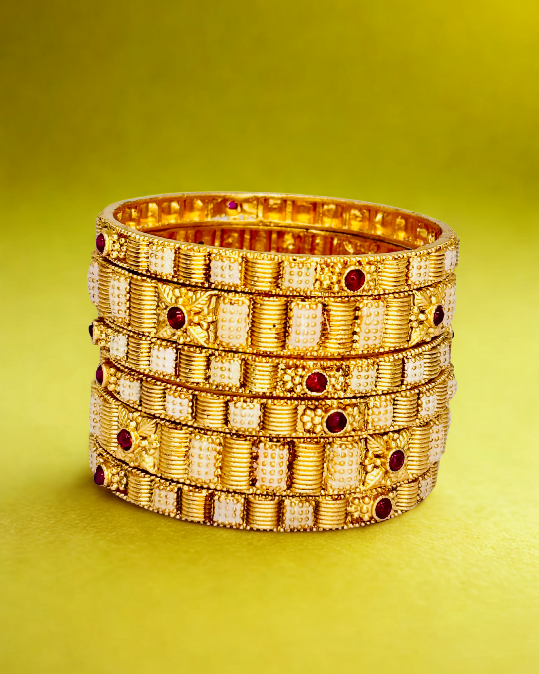 Traditional Gold Bangles with Ruby Accents