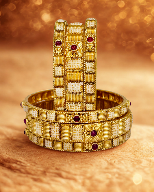 Traditional Gold Bangles with Ruby Accents