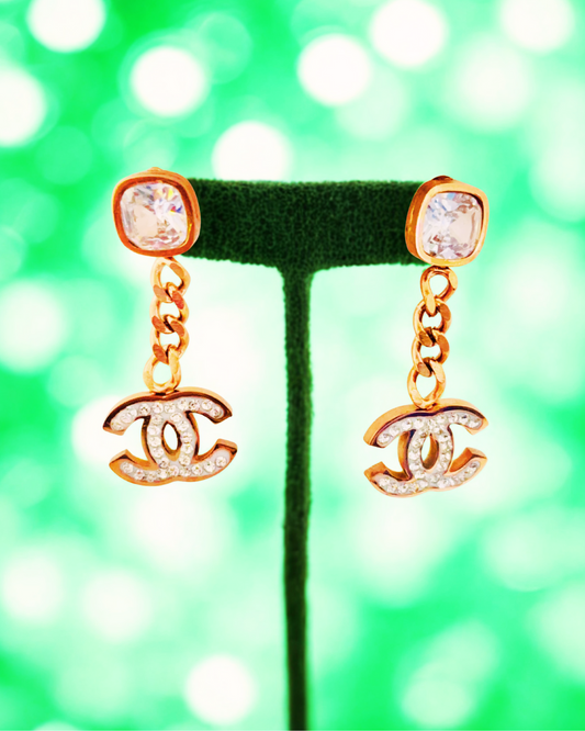 Crystal Chain Logo Dangle Earring