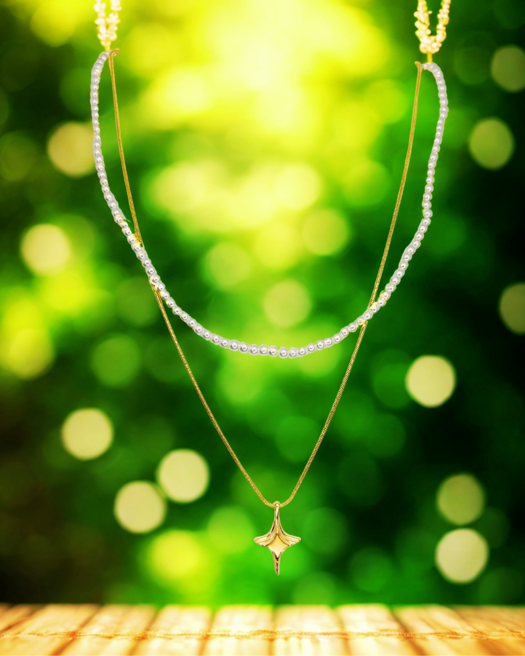 Dual-Layer Pearl and Pendant Korean Necklace.