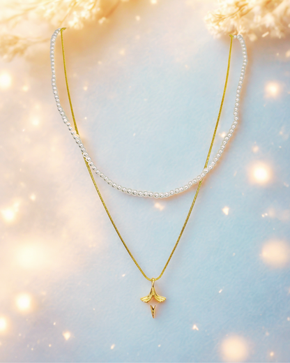 Dual-Layer Pearl and Pendant Korean Necklace.