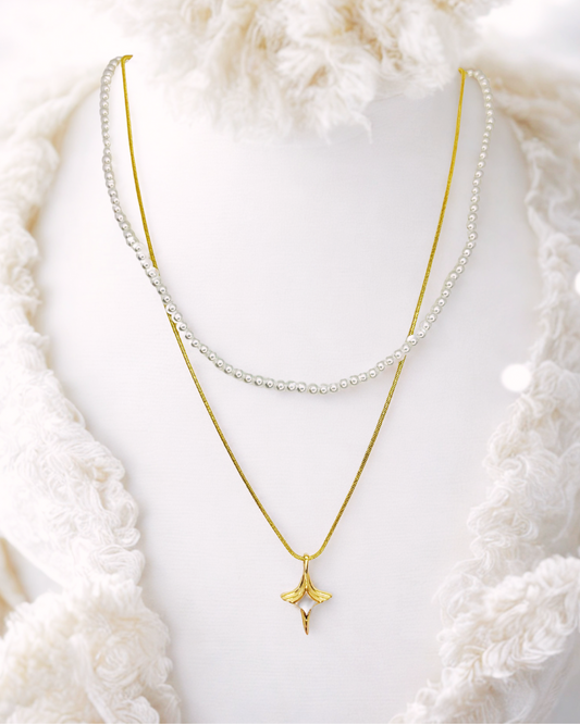 Dual-Layer Pearl and Pendant Korean Necklace.