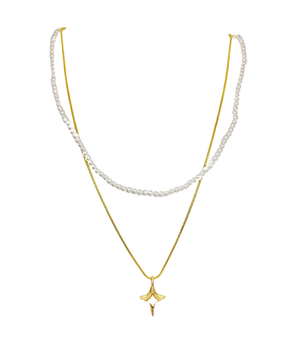 Dual-Layer Pearl and Pendant Korean Necklace.