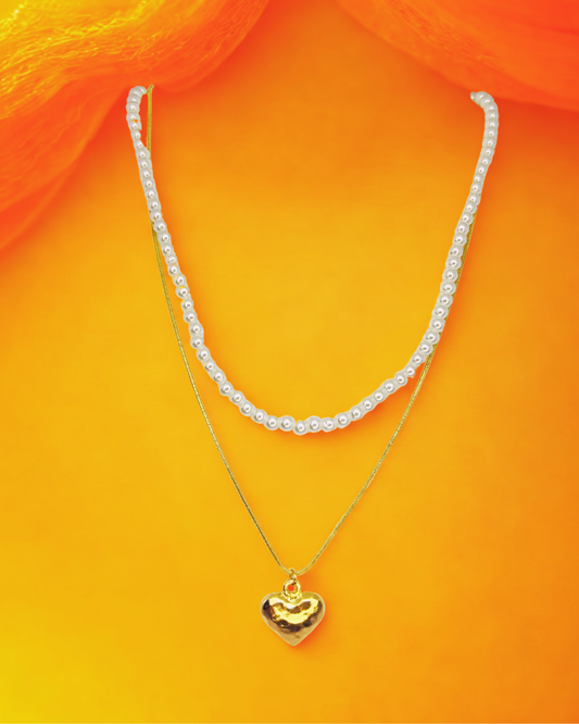 Dual-Layer Pearl & Heart Pendant  Korean Necklace