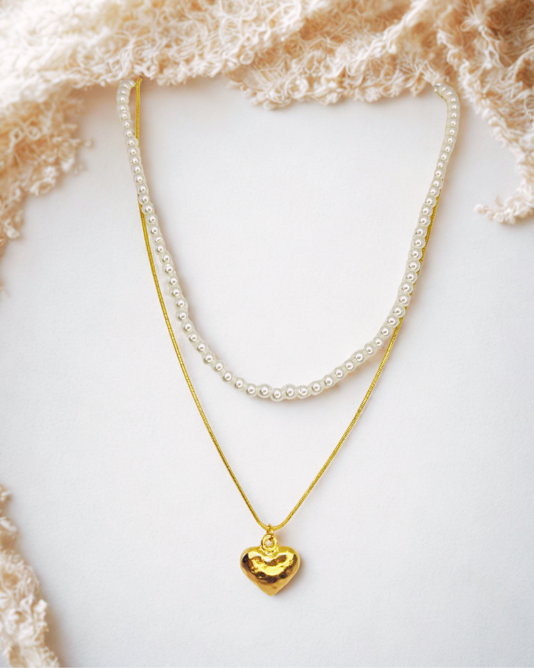 Dual-Layer Pearl & Heart Pendant  Korean Necklace