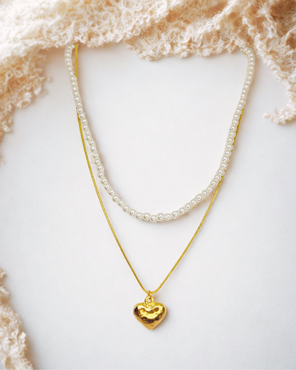 Dual-Layer Pearl & Heart Pendant  Korean Necklace