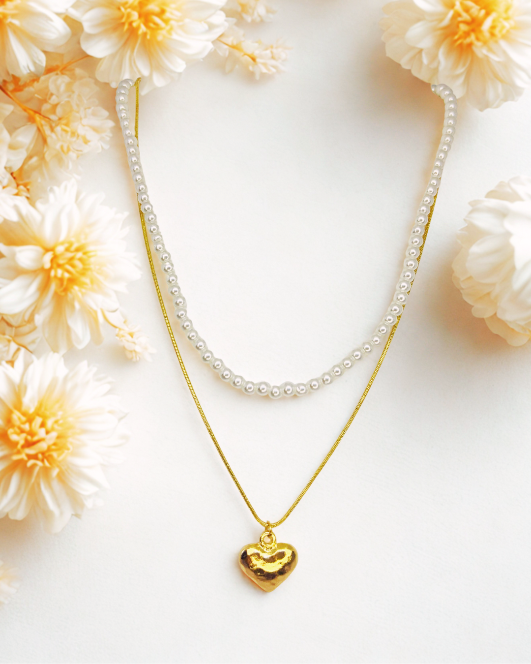 Dual-Layer Pearl & Heart Pendant  Korean Necklace
