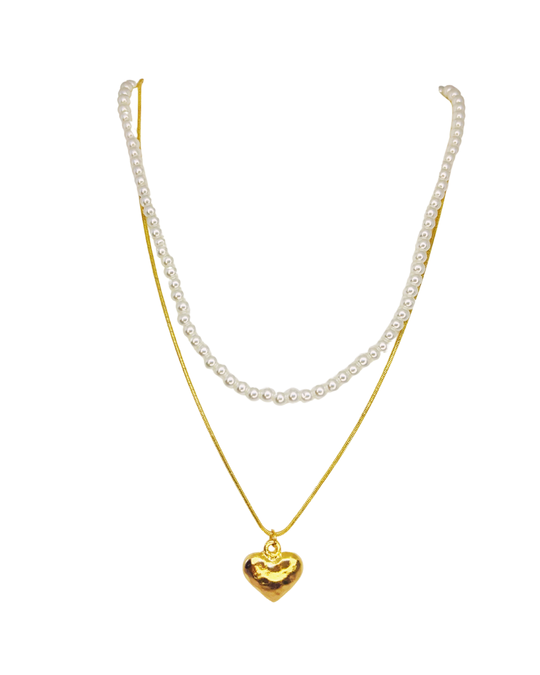 Dual-Layer Pearl & Heart Pendant  Korean Necklace