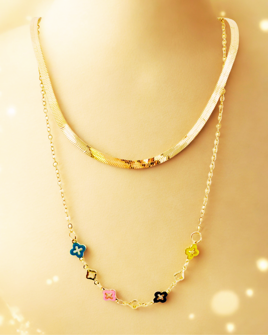 Dual Layer Gold-Tone Enamel Clover Necklace