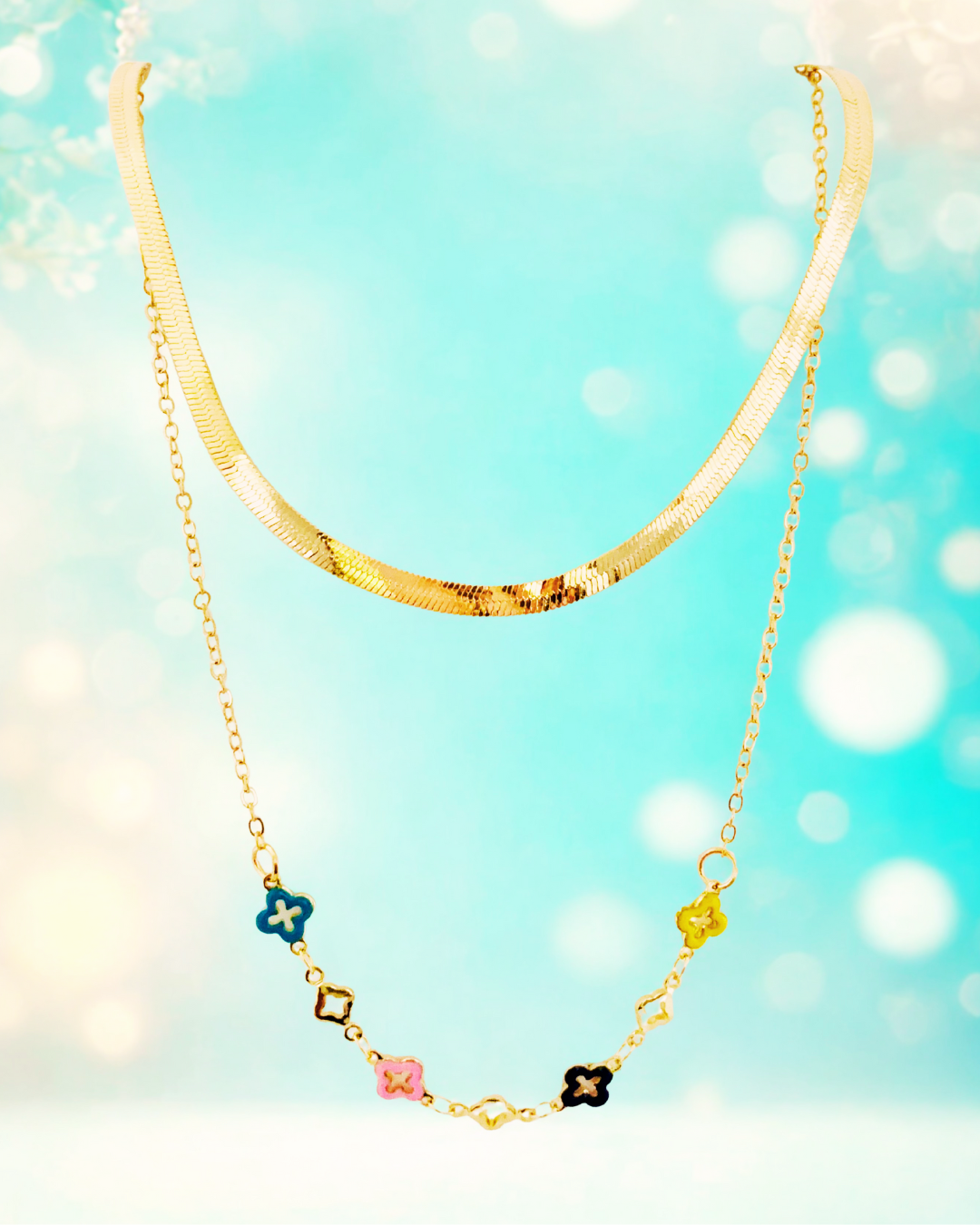 Dual Layer Gold-Tone Enamel Clover Necklace