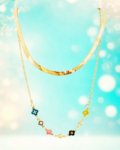 Dual Layer Gold-Tone Enamel Clover Necklace