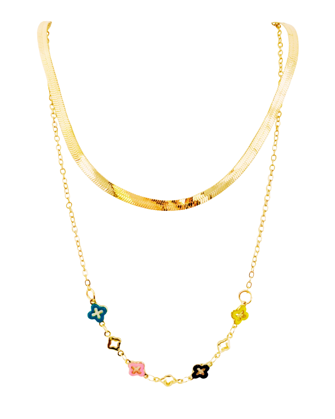 Dual Layer Gold-Tone Enamel Clover Necklace