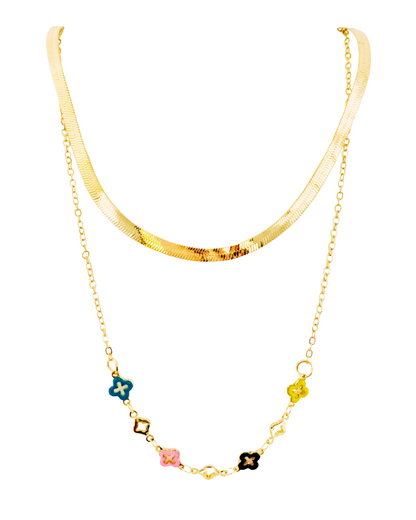 Dual Layer Gold-Tone Enamel Clover Necklace