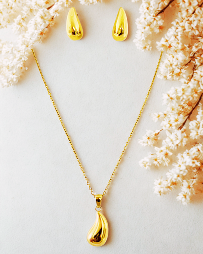 Gold-Plated Teardrop Pendant Necklace & Earring Korean Set