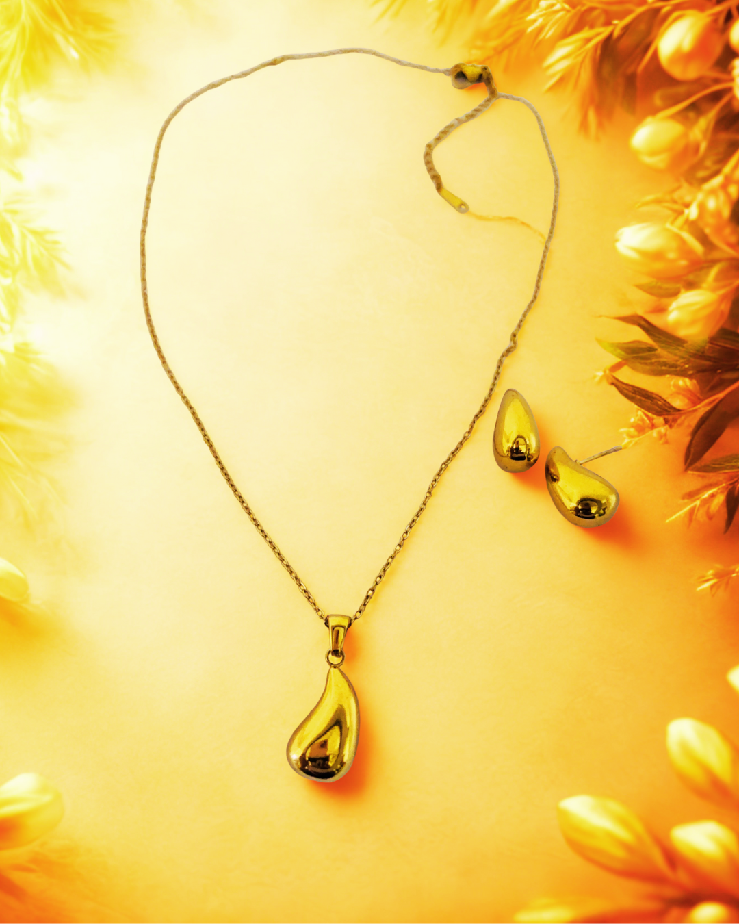 Gold-Plated Teardrop Pendant Necklace & Earring Korean Set