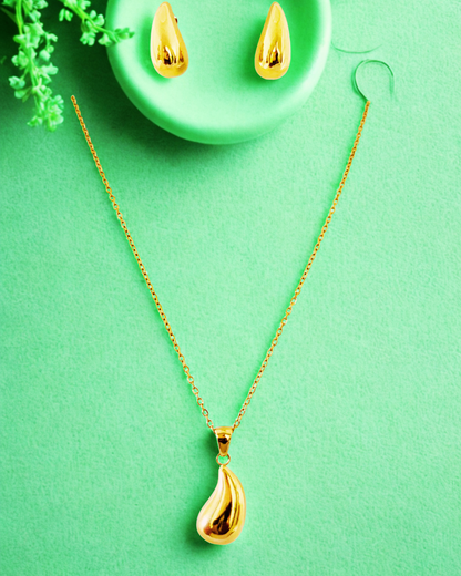 Gold-Plated Teardrop Pendant Necklace & Earring Korean Set