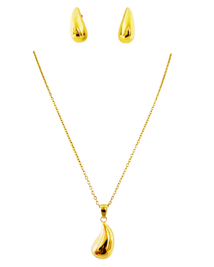 Gold-Plated Teardrop Pendant Necklace & Earring Korean Set