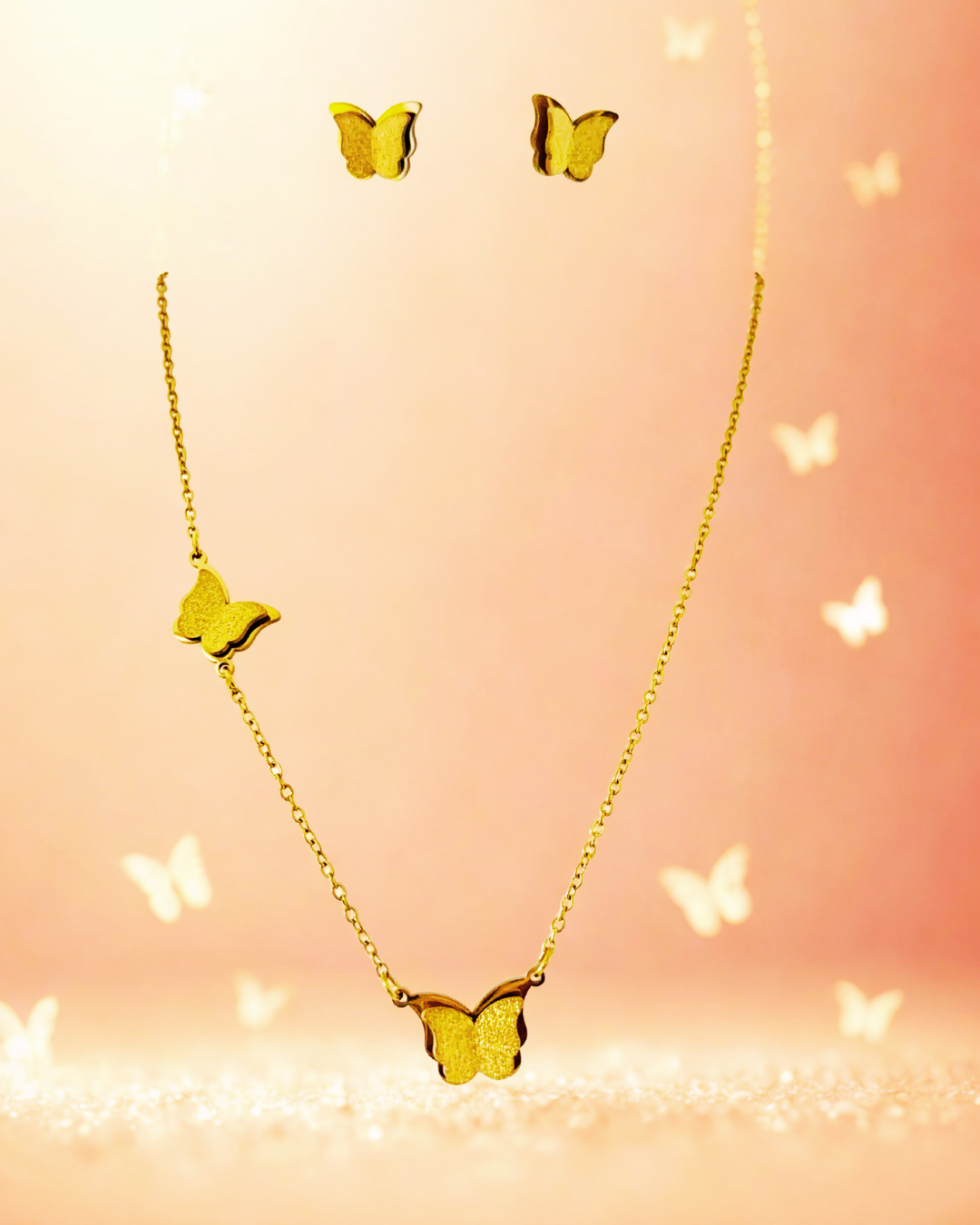 Golden Butterfly Pendant Necklace Korean Set
