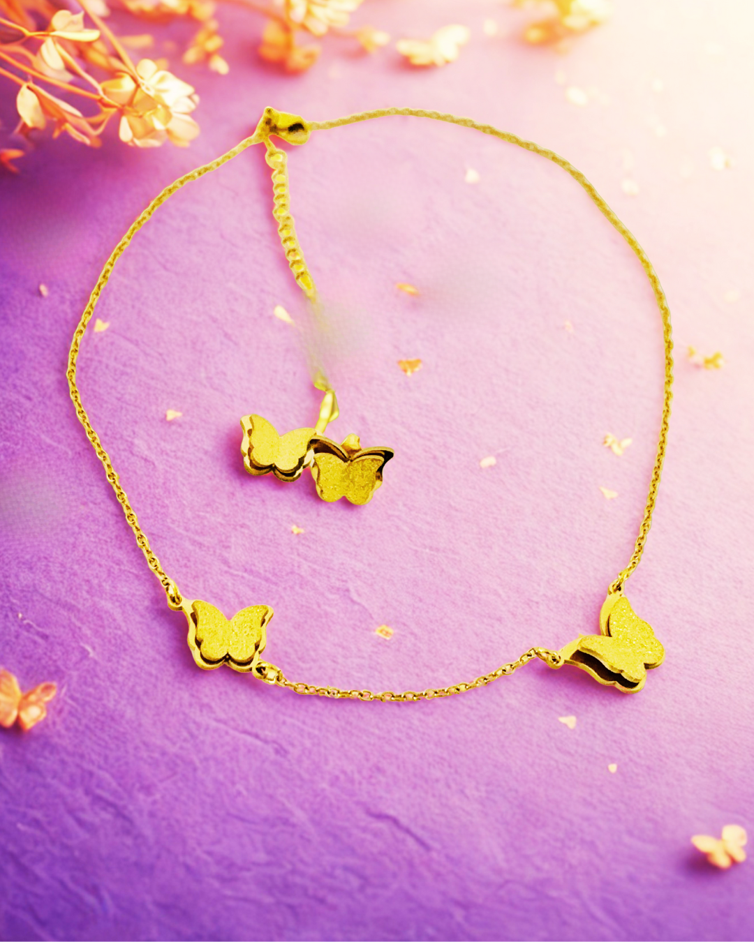 Golden Butterfly Pendant Necklace Korean Set