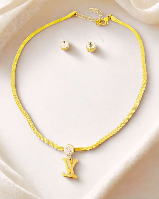 Crystal Initial Pendant Necklace & Stud Korean Set