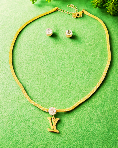 Crystal Initial Pendant Necklace & Stud Korean Set