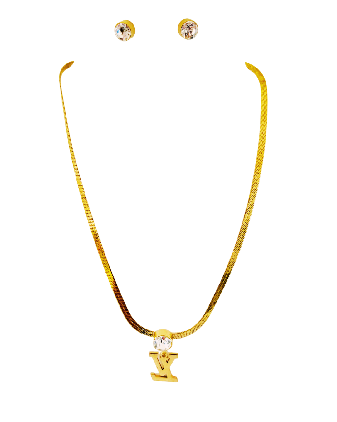 Crystal Initial Pendant Necklace & Stud Korean Set