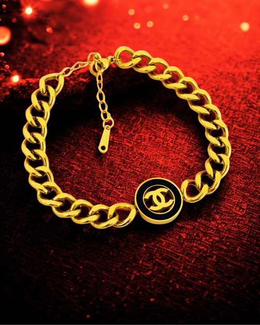 Gold-Plated Chain Link Korean Bracelet with Black Emblem