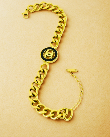 Gold-Plated Chain Link Korean Bracelet with Black Emblem