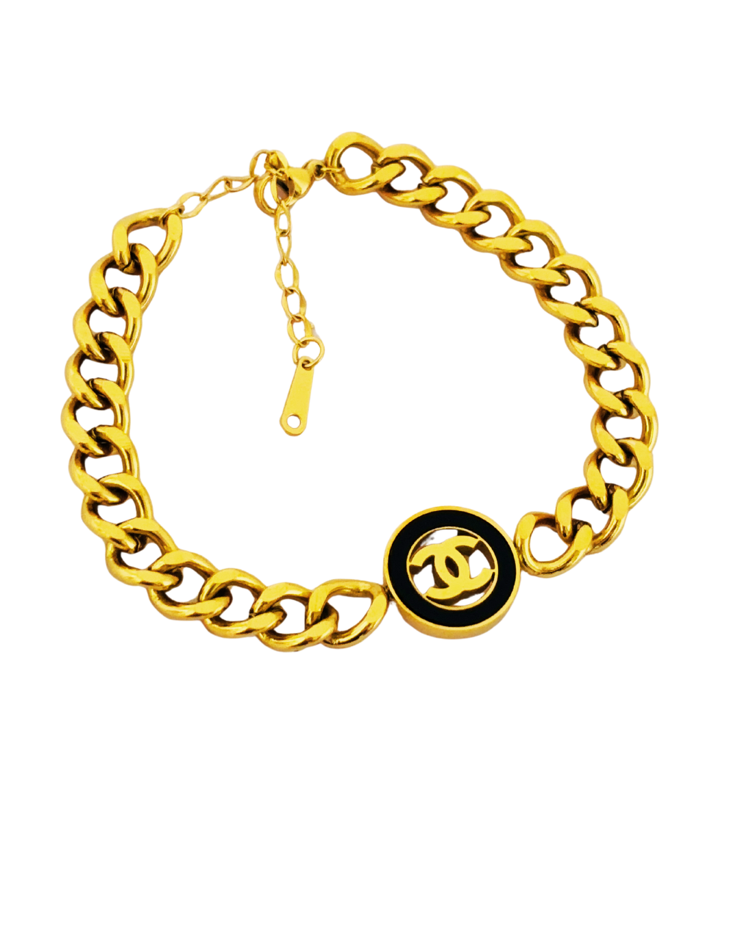 Gold-Plated Chain Link Korean Bracelet with Black Emblem