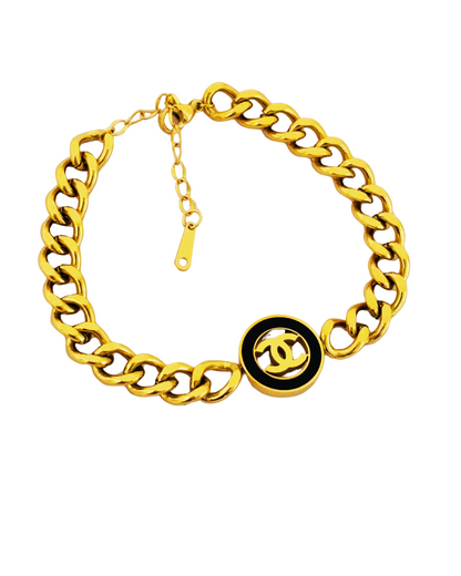 Gold-Plated Chain Link Korean Bracelet with Black Emblem