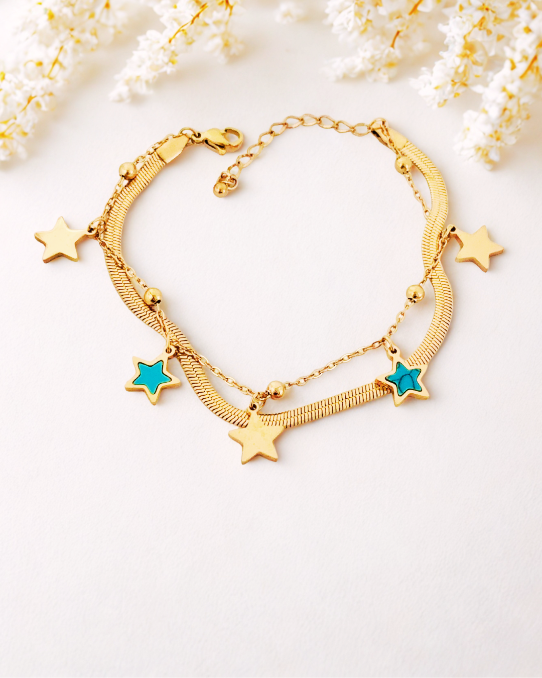 Gold-Plated Double Chain Star Charm Korean Bracelet