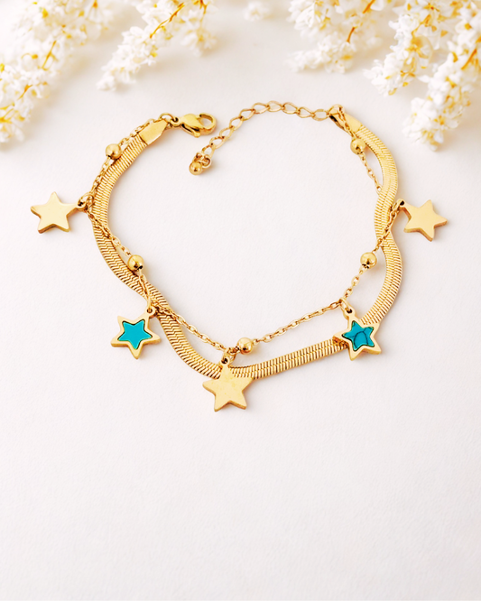 Gold-Plated Double Chain Star Charm Korean Bracelet
