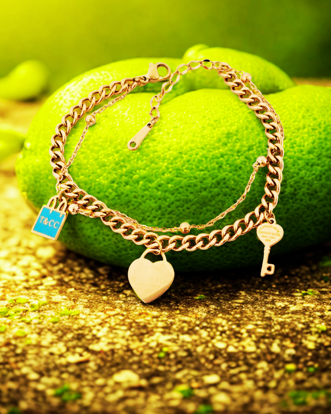 Gold-Plated Charm Korean Bracelet with Heart, Key & Lock