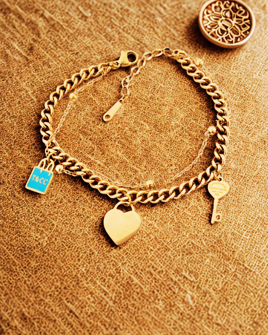 Gold-Plated Charm Korean Bracelet with Heart, Key & Lock