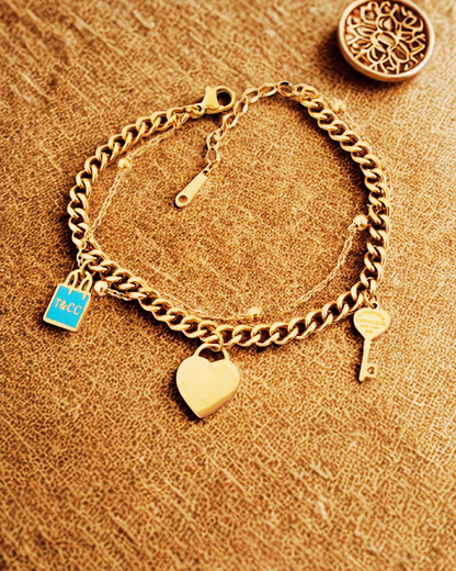 Gold-Plated Charm Korean Bracelet with Heart, Key & Lock