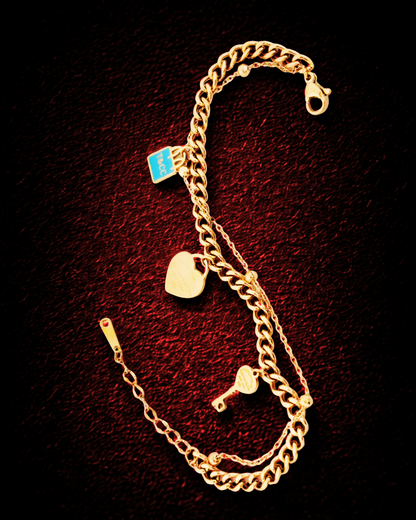 Gold-Plated Charm Korean Bracelet with Heart, Key & Lock
