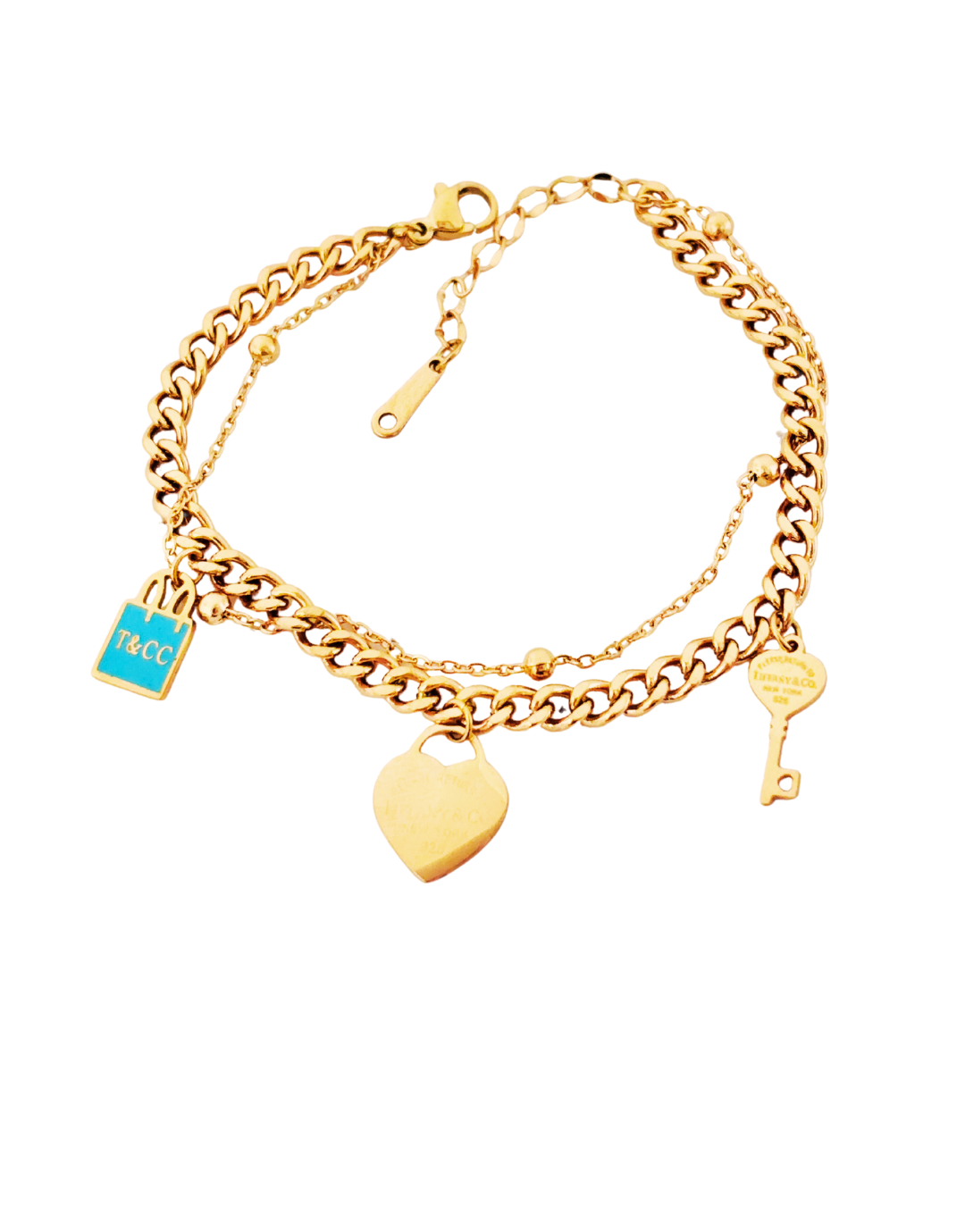 Gold-Plated Charm Korean Bracelet with Heart, Key & Lock