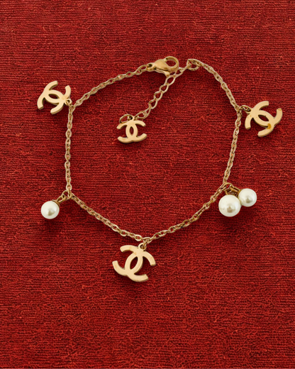 Gold-Plated Logo Charm Korean Bracelet with Pearls