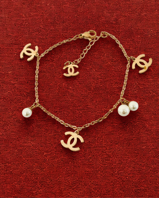 Gold-Plated Logo Charm Korean Bracelet with Pearls