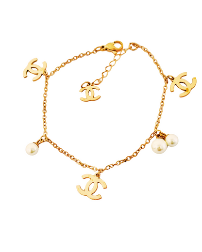 Gold-Plated Logo Charm Korean Bracelet with Pearls